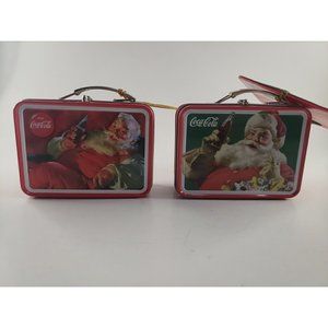 Two Tin Lunch Pail Coca Cola Collectible Christmas Tree Ornaments Santa Claus